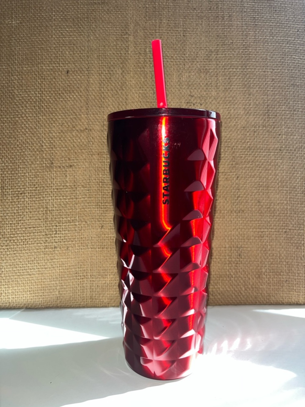 Starbucks 2024 Shiny Red Faceted Stainless Steel Tumbler with Straw 24 oz